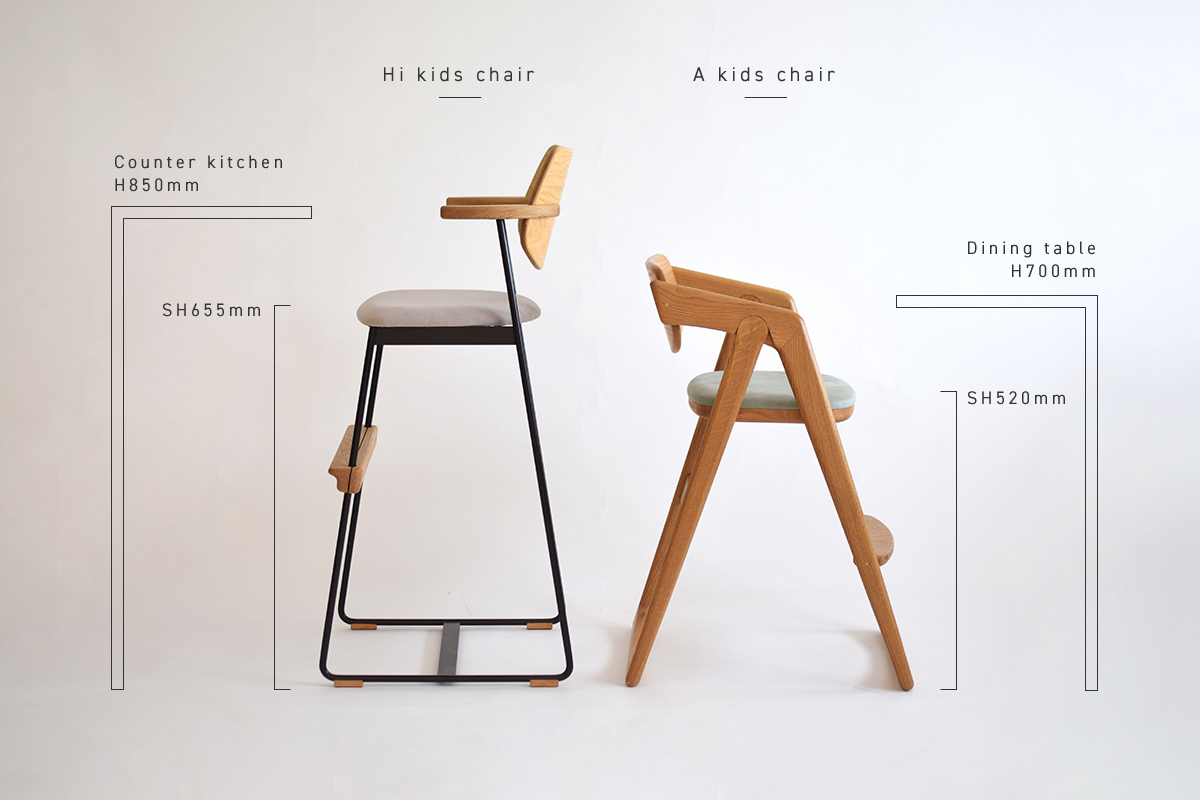 対面キッチンに最適な無垢とアイアンを使用したカウンターキッズチェア
